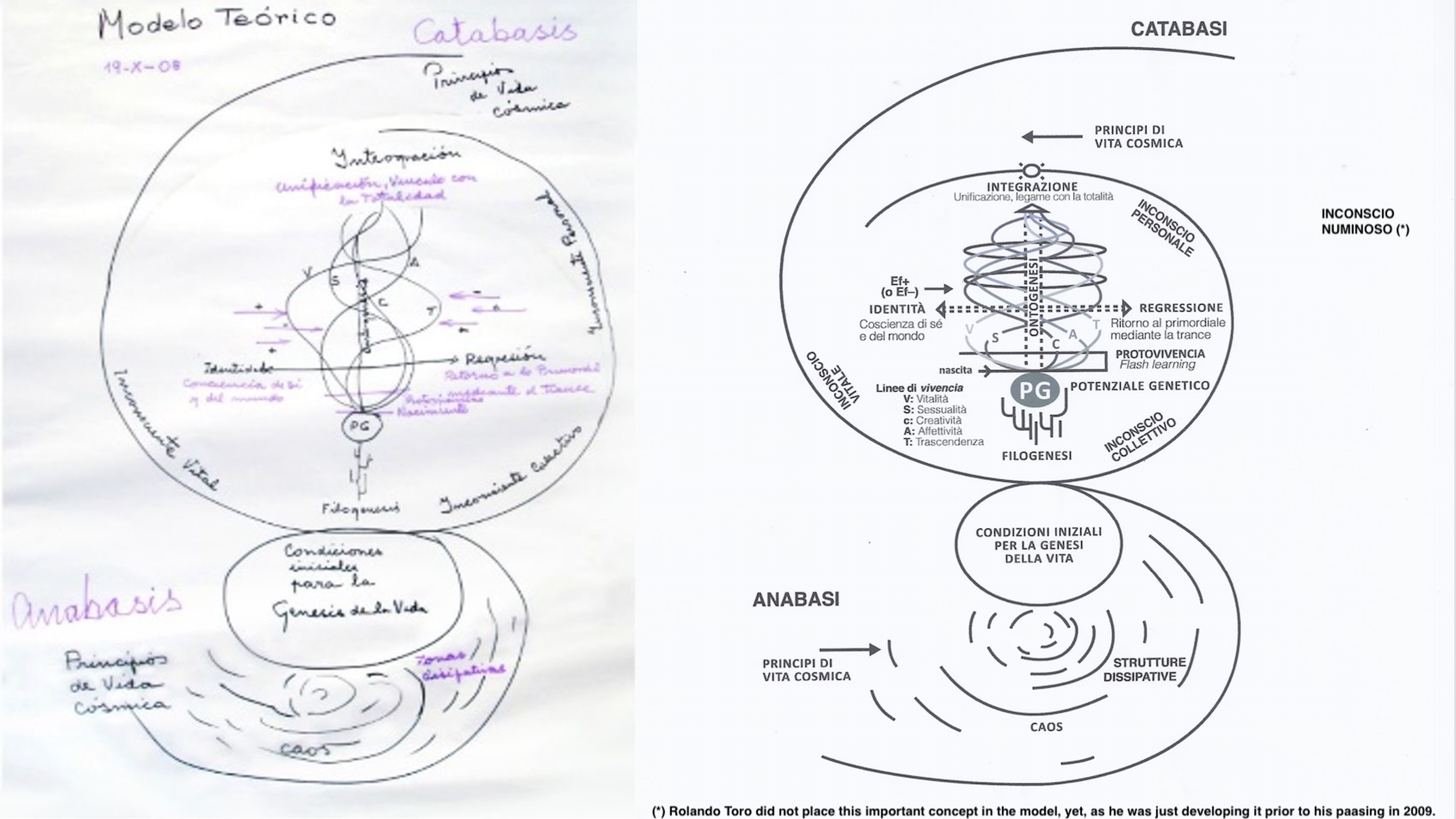 Model of Biodanza (left: drawn by Rolando Toro in 2008, right: adapted from the AIPOB website)