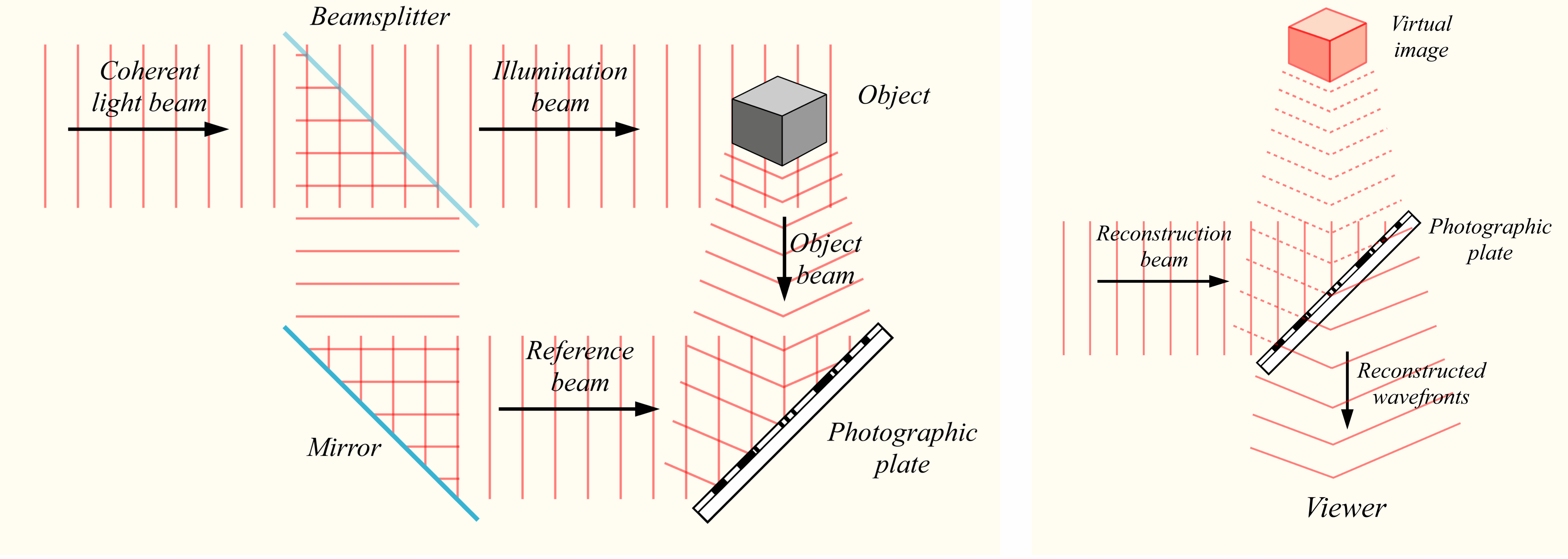 Holographic recording and reconstruction. (Source: Bob Mellish, Wikipedia)